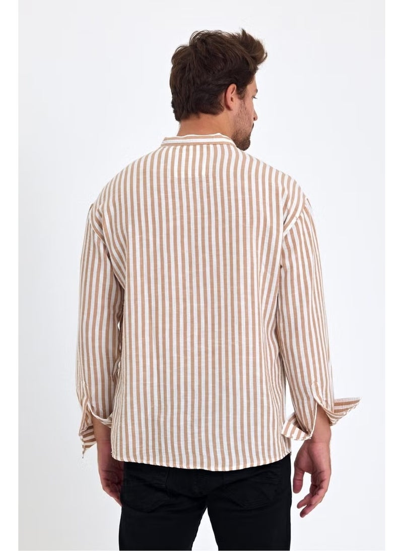 Cool Tarz Cool Style Striped Mandarin Collar Linen Three Button Men's Shirt - Image 4